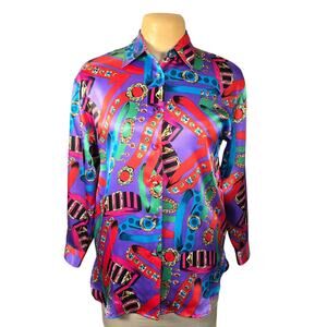 Vintage Yves‎ St Clair 90s Blouse Size 6 Abstract Chain Print Colorful Bold Chic